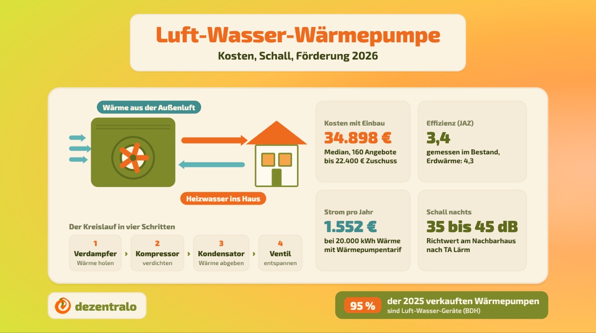 Luft-Wasser-Wärmepumpe: Kosten, Schall, Förderung 2026 - dezentralo