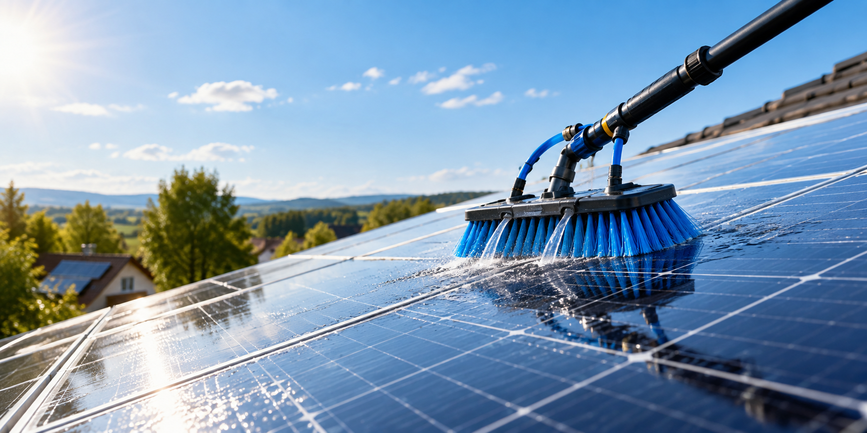 Solaranlagen Installateur - PV-Reinigung einer Photovoltaikanlage mit wasserführender Reinigungsbürste - SolarPutzen.de